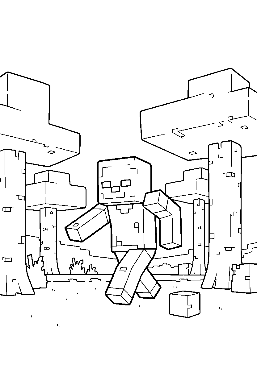 minecraft zombie shuffling silently in a forest line art