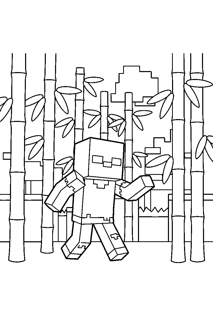 minecraft zombie shuffling slowly in a bamboo jungle line art