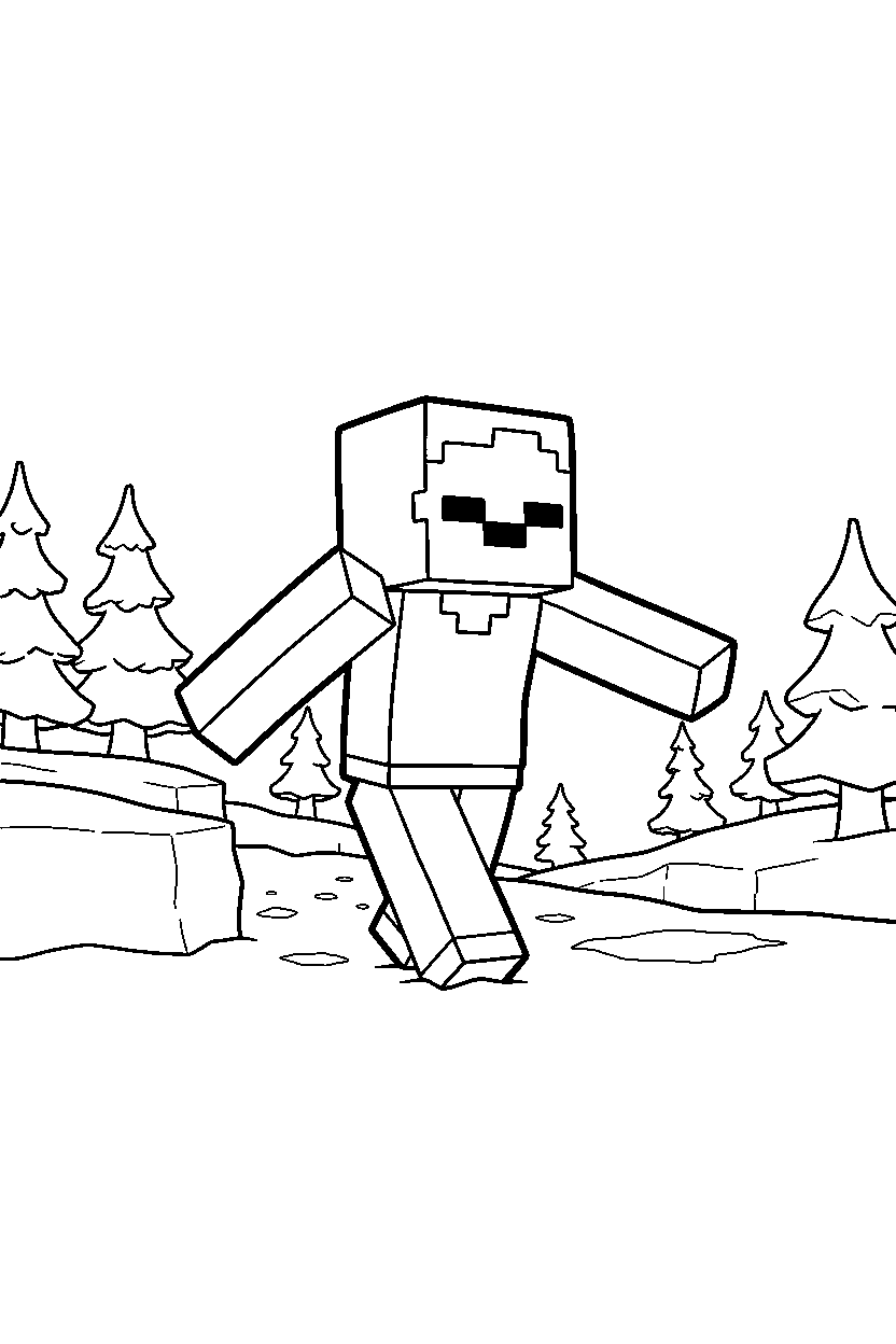 minecraft zombie shuffling slowly in snowy tundra line art