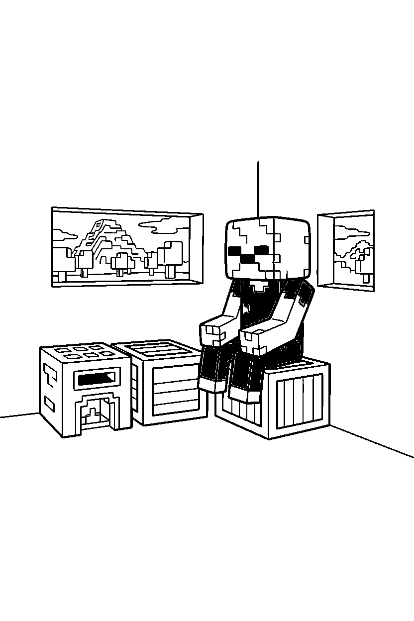 minecraft zombie sitting calmly in a survival base line art
