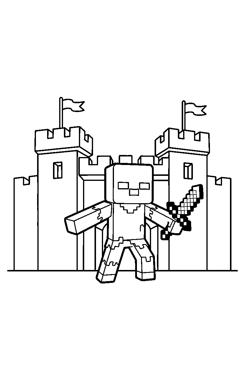 minecraft zombie standing alert in a castle base line art