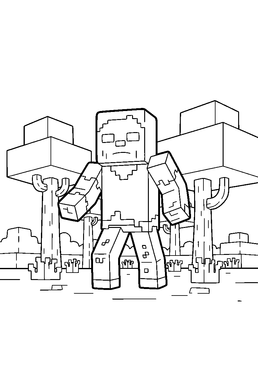 minecraft zombie standing alert in a forest line art