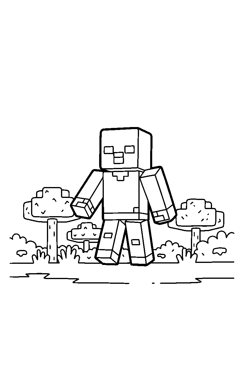 minecraft zombie standing alert in a savanna line art