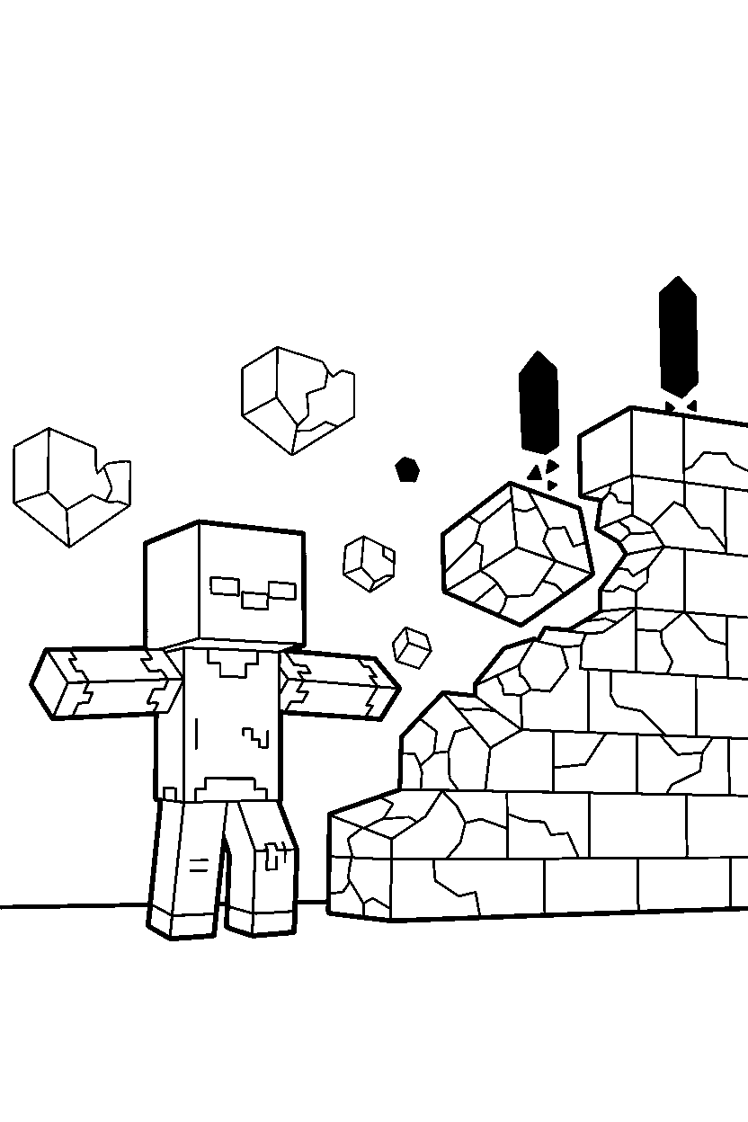 minecraft zombie standing beside a ruined wall in the end dimension line art