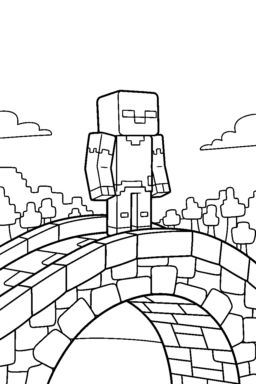 minecraft zombie standing calmly on stone bridge line art