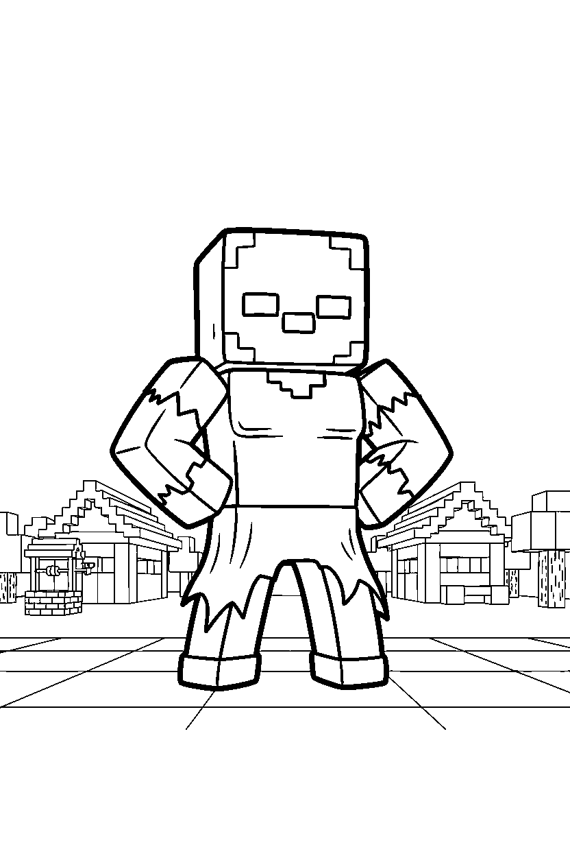 minecraft zombie standing confidently in village line art