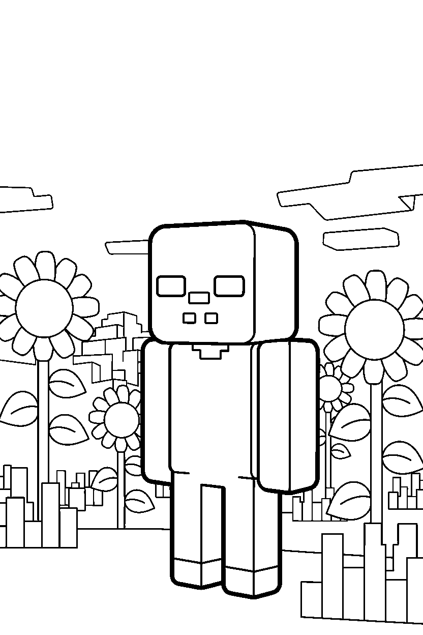 minecraft zombie standing in silence in sunflower plains line art