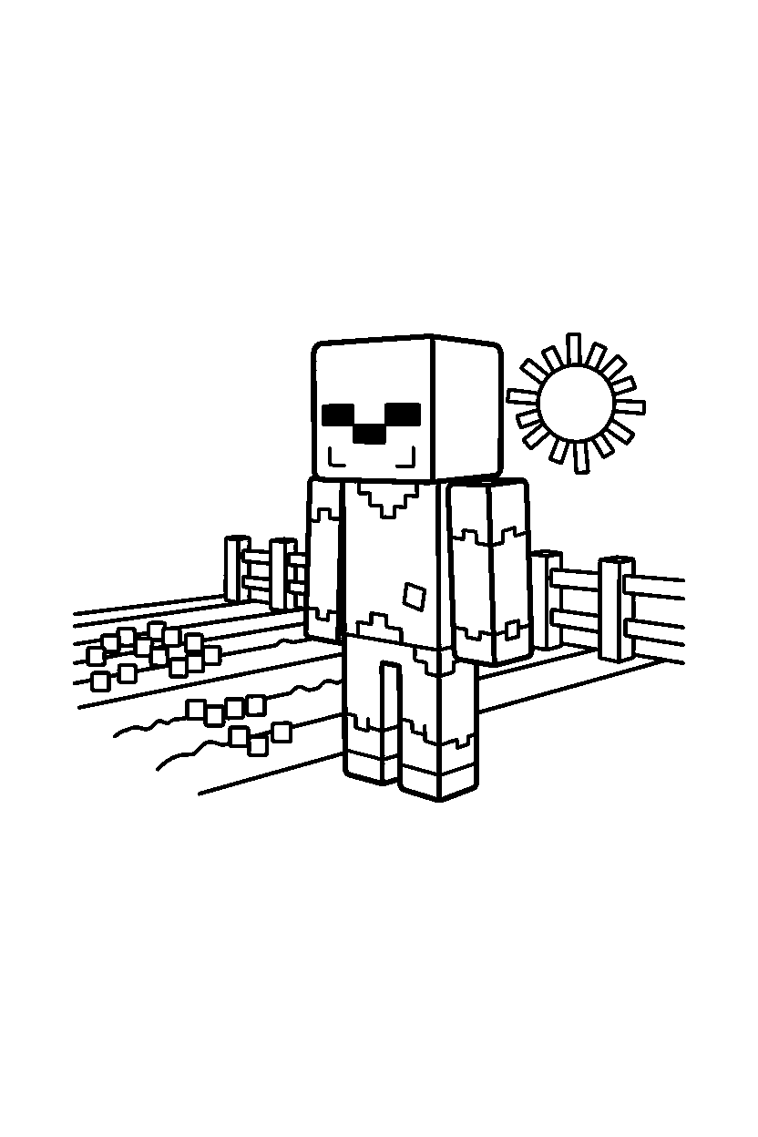 minecraft zombie standing motionless near a farm field line art