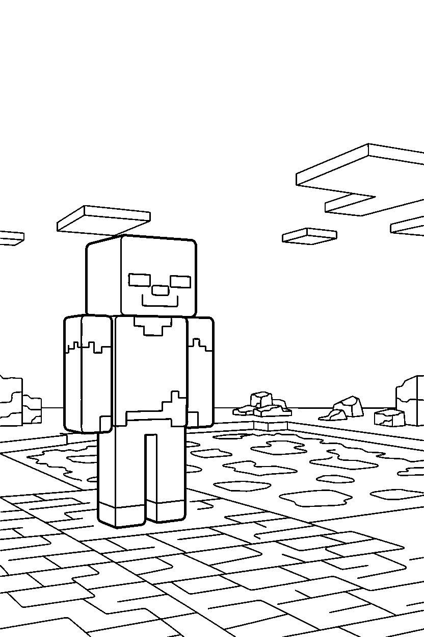 minecraft zombie standing motionless near a lava lake line art