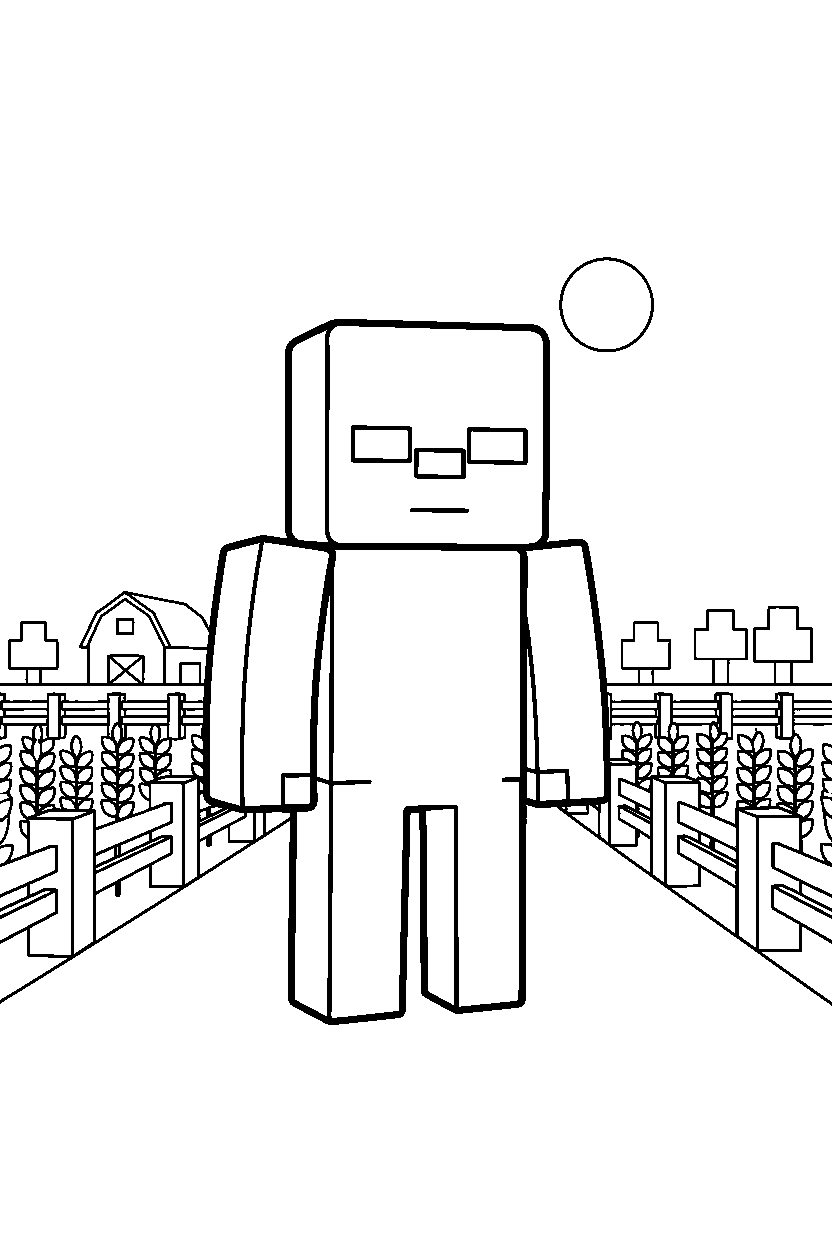 minecraft zombie standing quietly in silence near a farm field line art