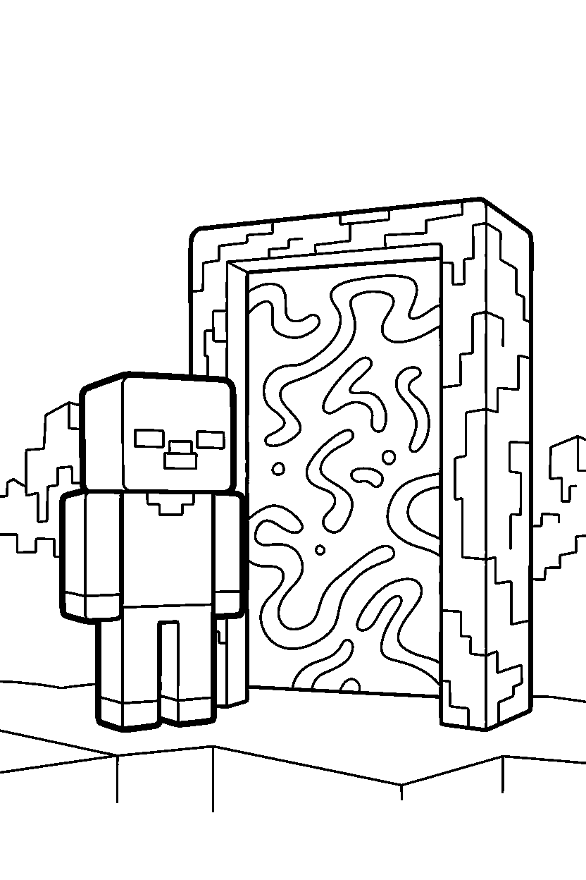 minecraft zombie standing quietly near a nether portal line art