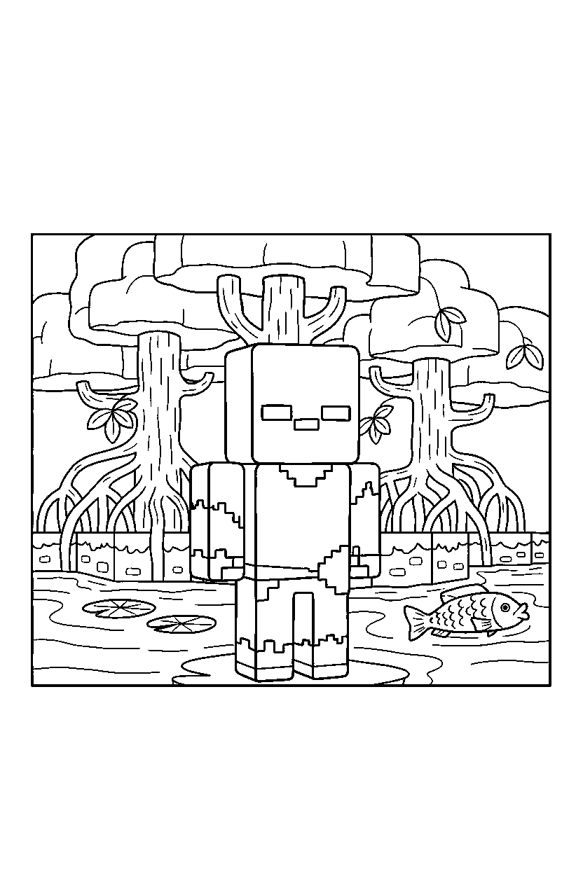 minecraft zombie standing still quietly in a mangrove swamp line art