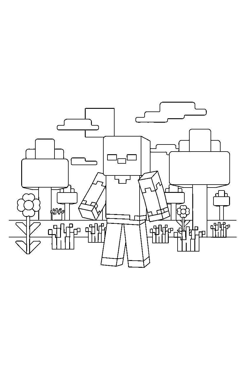 minecraft zombie standing still quietly in a meadow line art