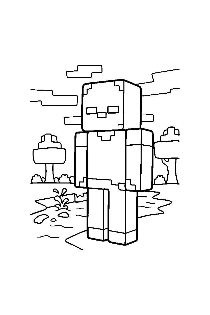 minecraft zombie standing still quietly near a river line art