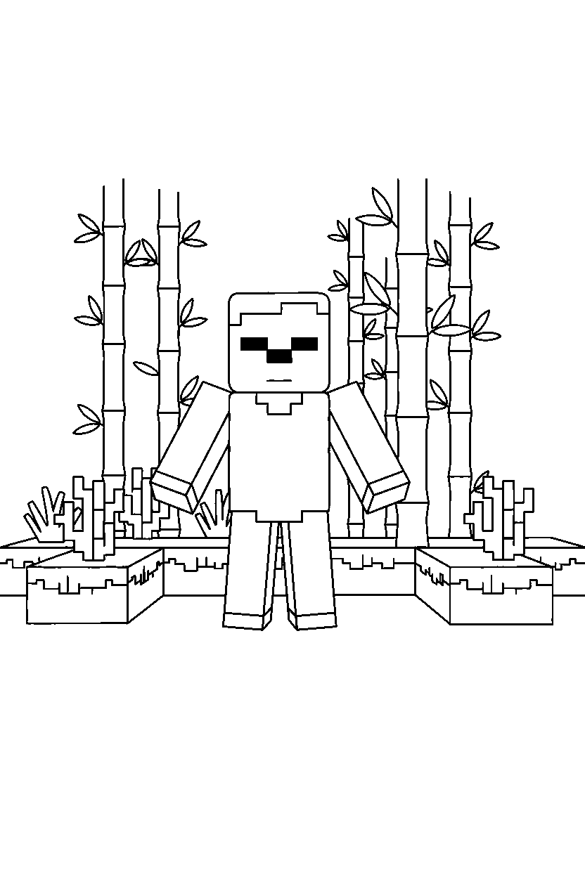 minecraft zombie standing still silently in a bamboo jungle line art