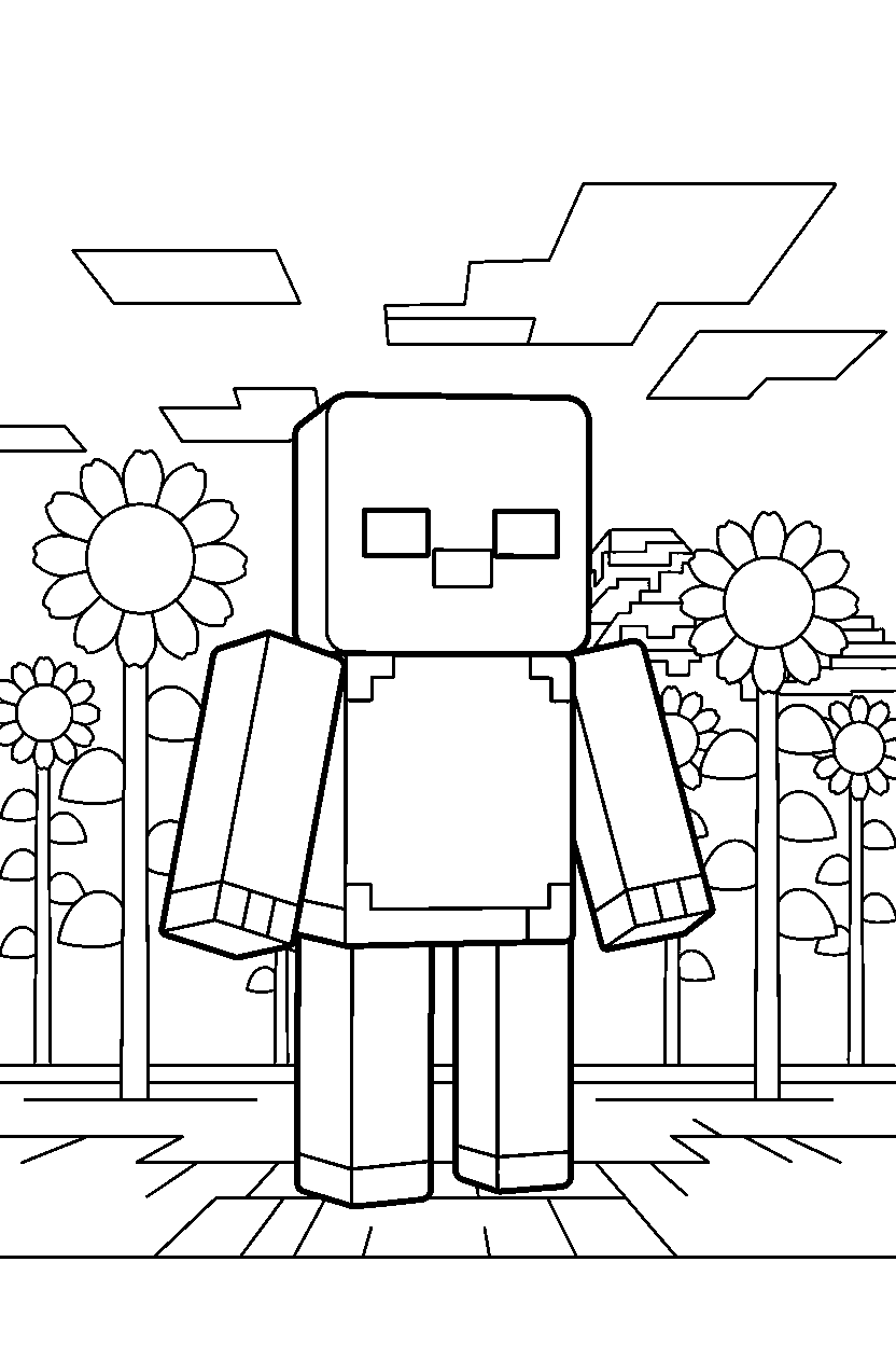 minecraft zombie standing still silently in sunflower plains line art