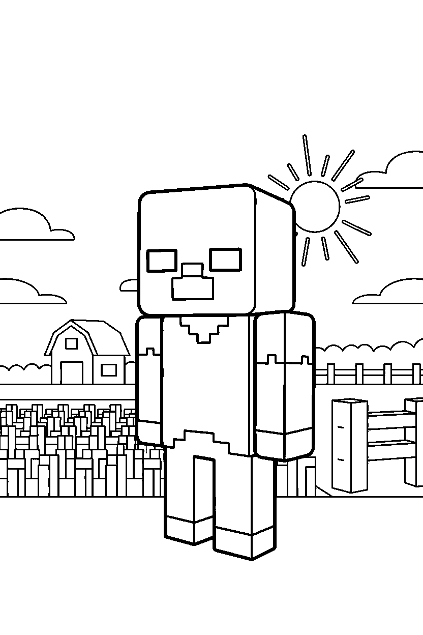 minecraft zombie standing still silently near a farm field line art