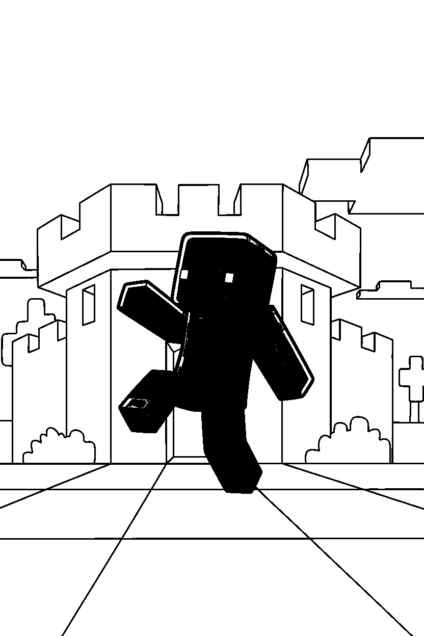 minecraft zombie stomping playfully in a castle base line art