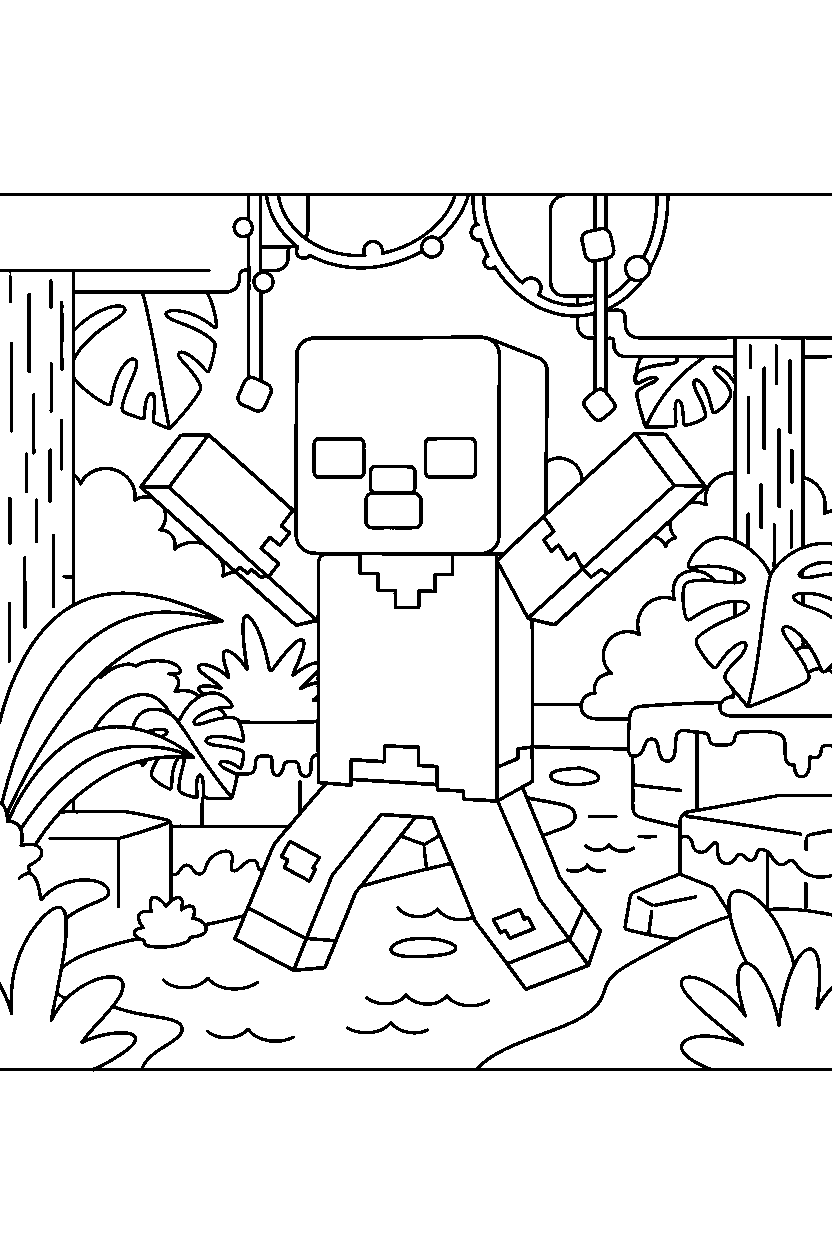 minecraft zombie stretching in jungle line art