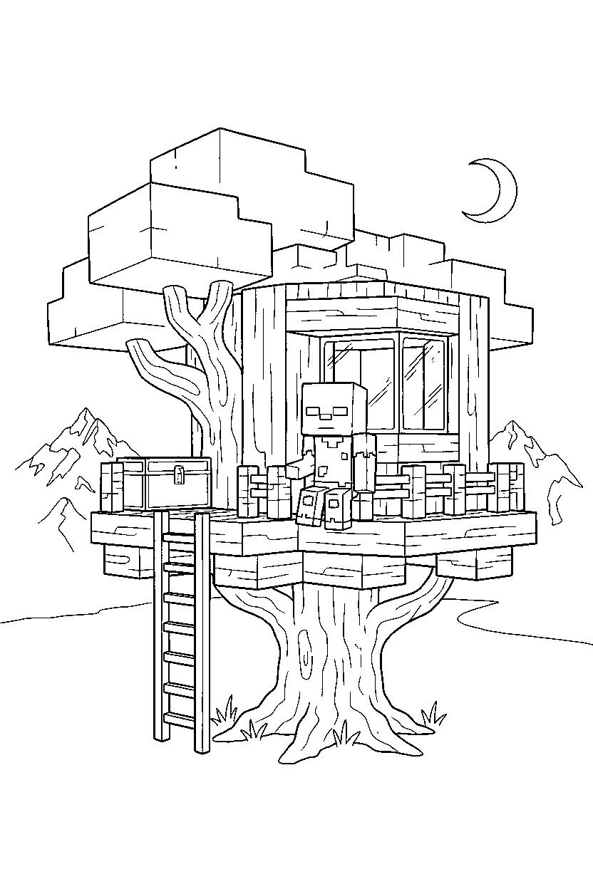 minecraft zombie studying the surroundings in a treehouse base line art