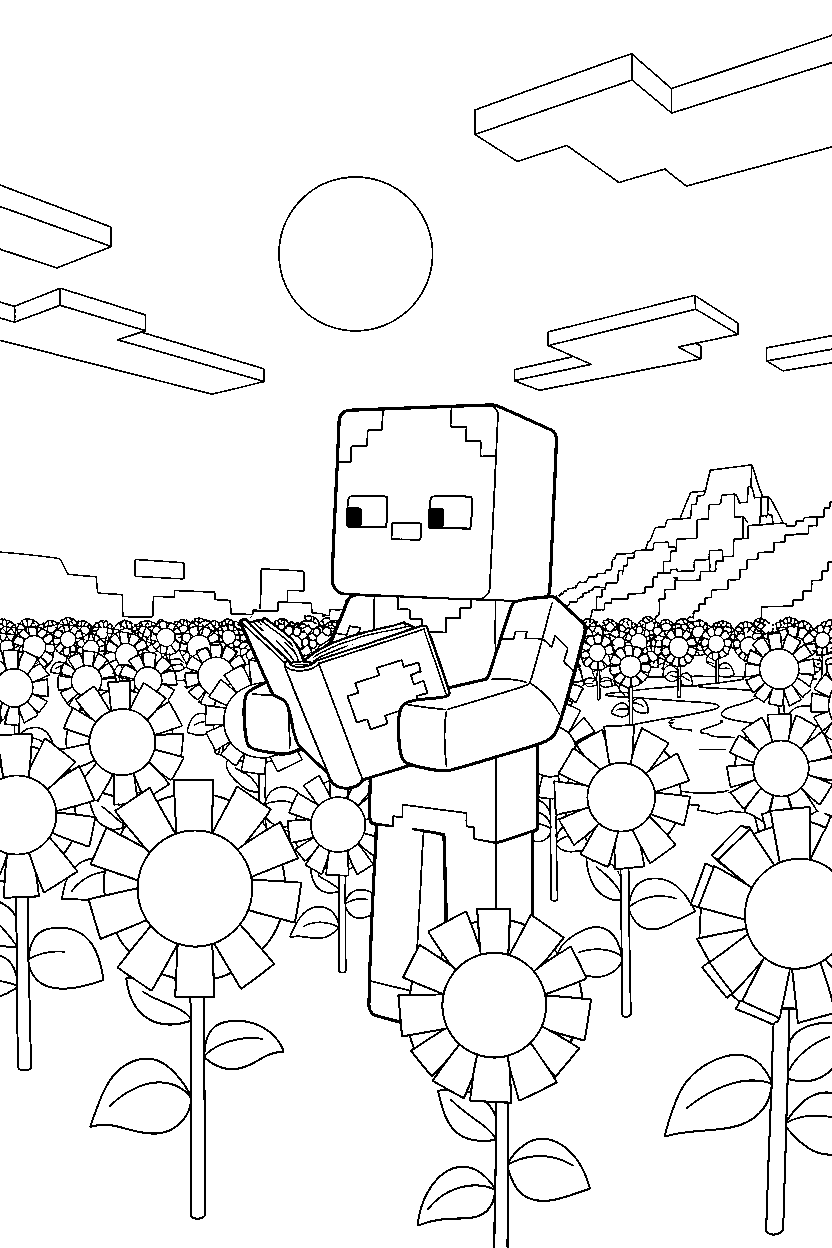 minecraft zombie studying the surroundings in sunflower plains line art