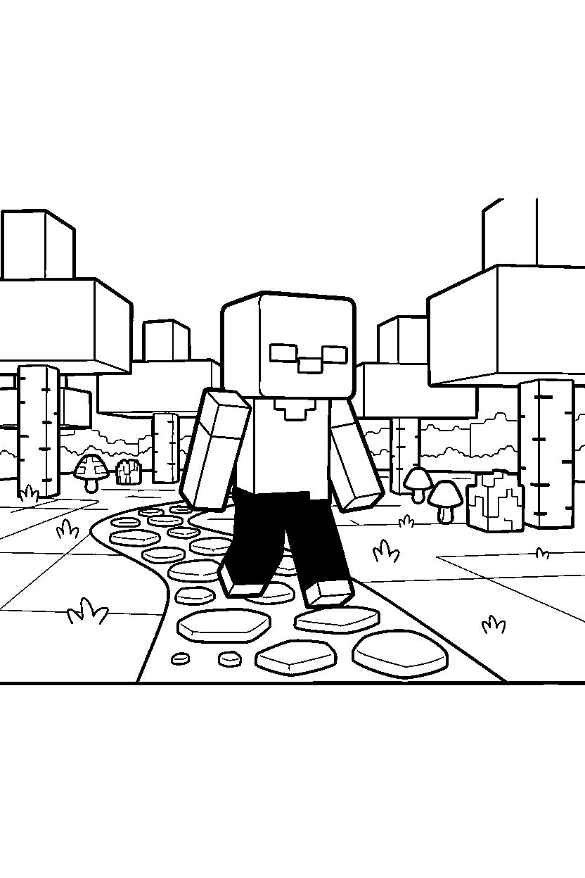 minecraft zombie walking along a path in a forest line art