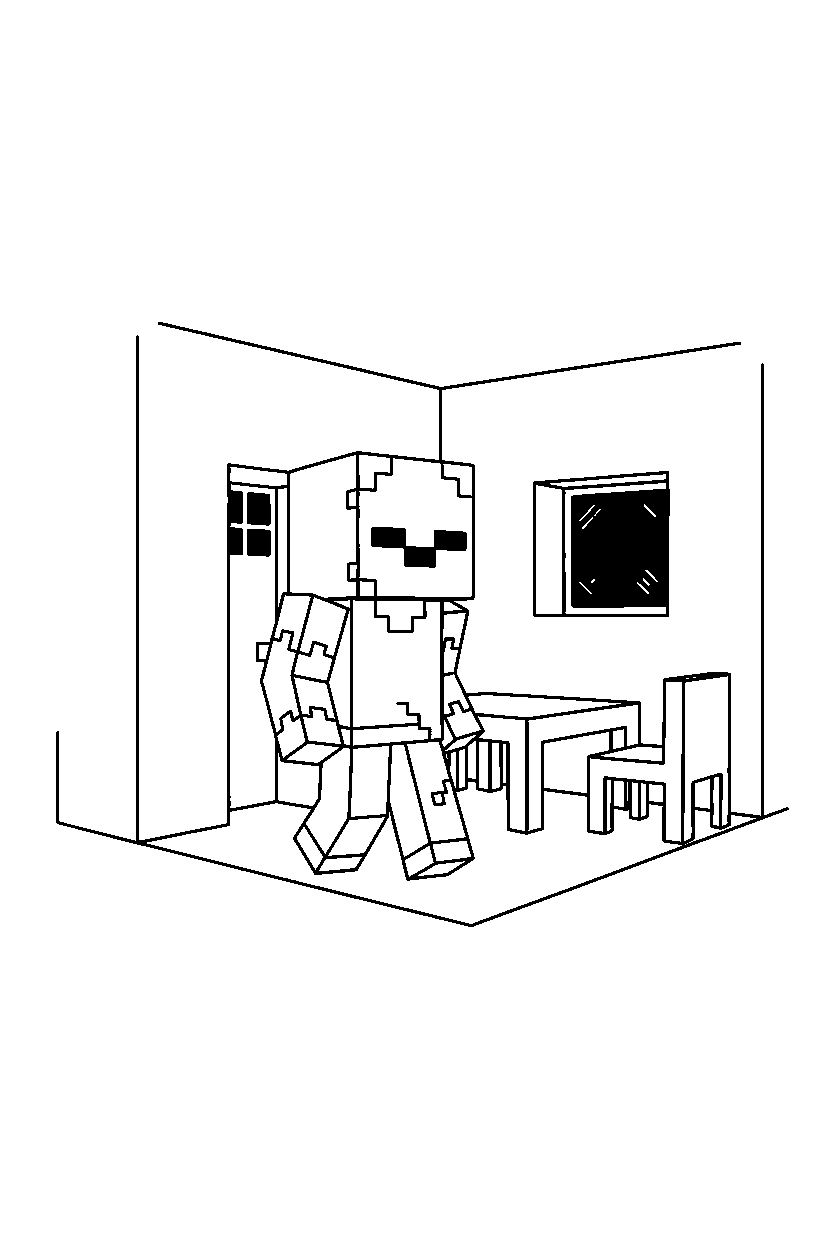 minecraft zombie walking in silence inside a house line art
