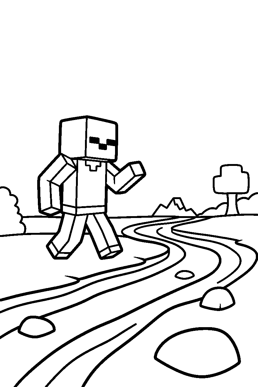 minecraft zombie walking in silence near a river line art