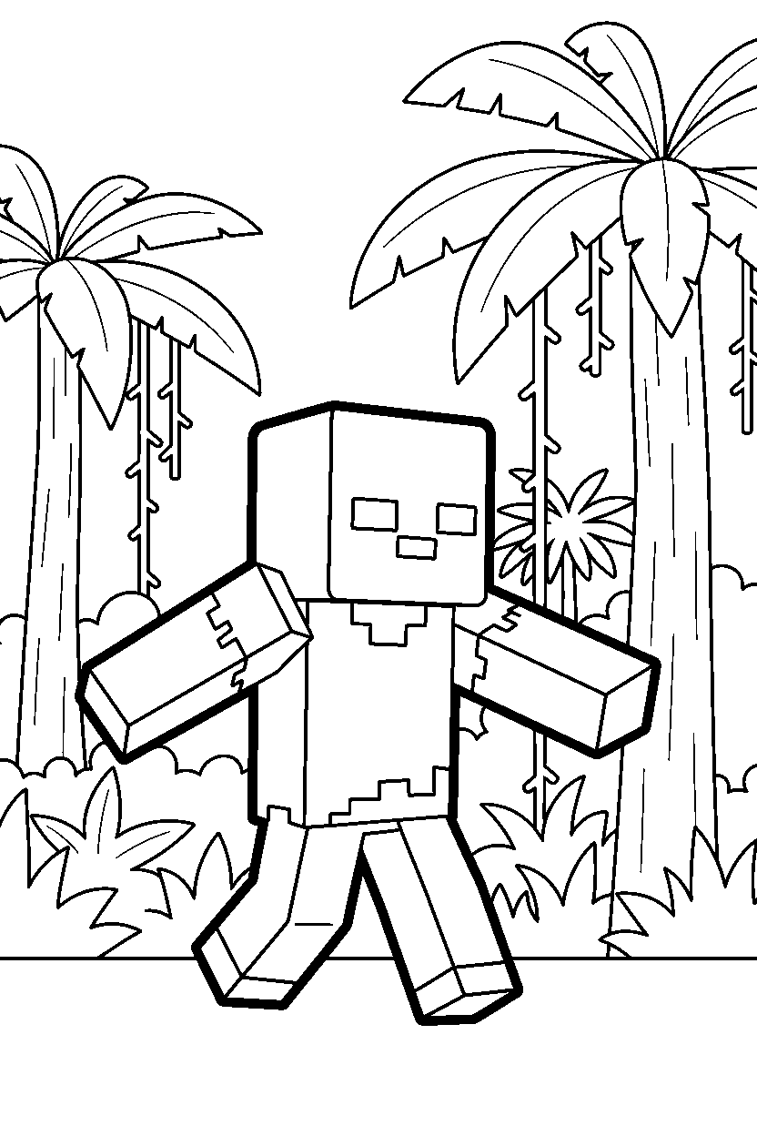 minecraft zombie walking slowly in a jungle line art