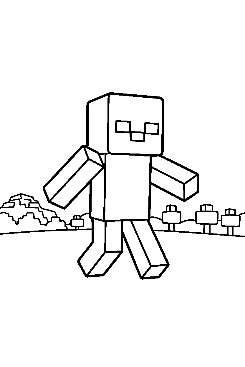 minecraft zombie walking slowly in open field line art
