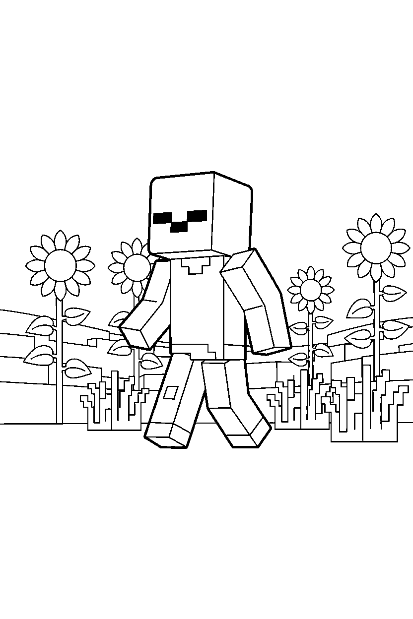 minecraft zombie walking slowly in sunflower plains line art