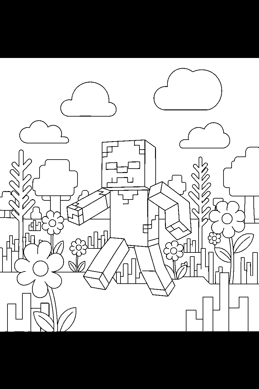 minecraft zombie wandering aimlessly in a flower forest line art