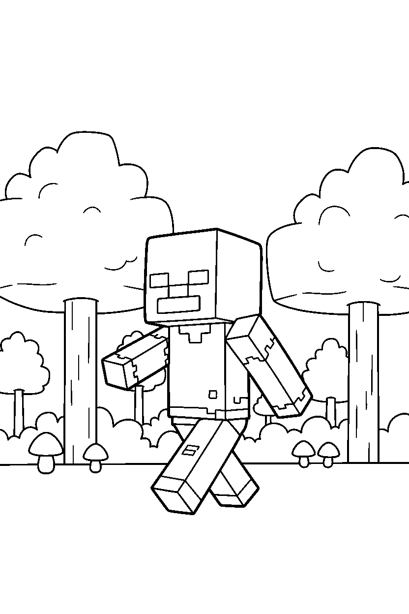 minecraft zombie wandering aimlessly in a forest line art
