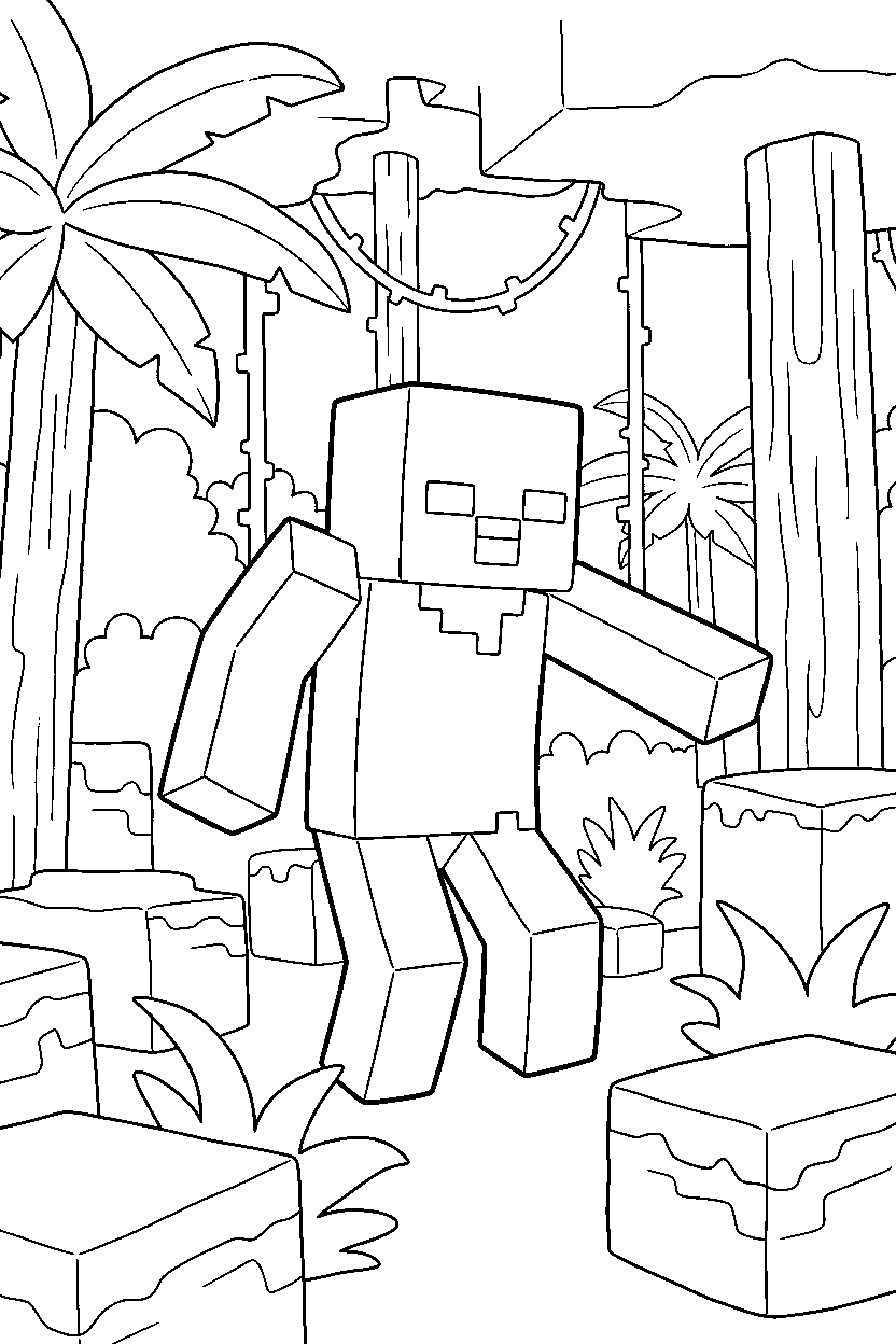 minecraft zombie wandering aimlessly in a jungle line art
