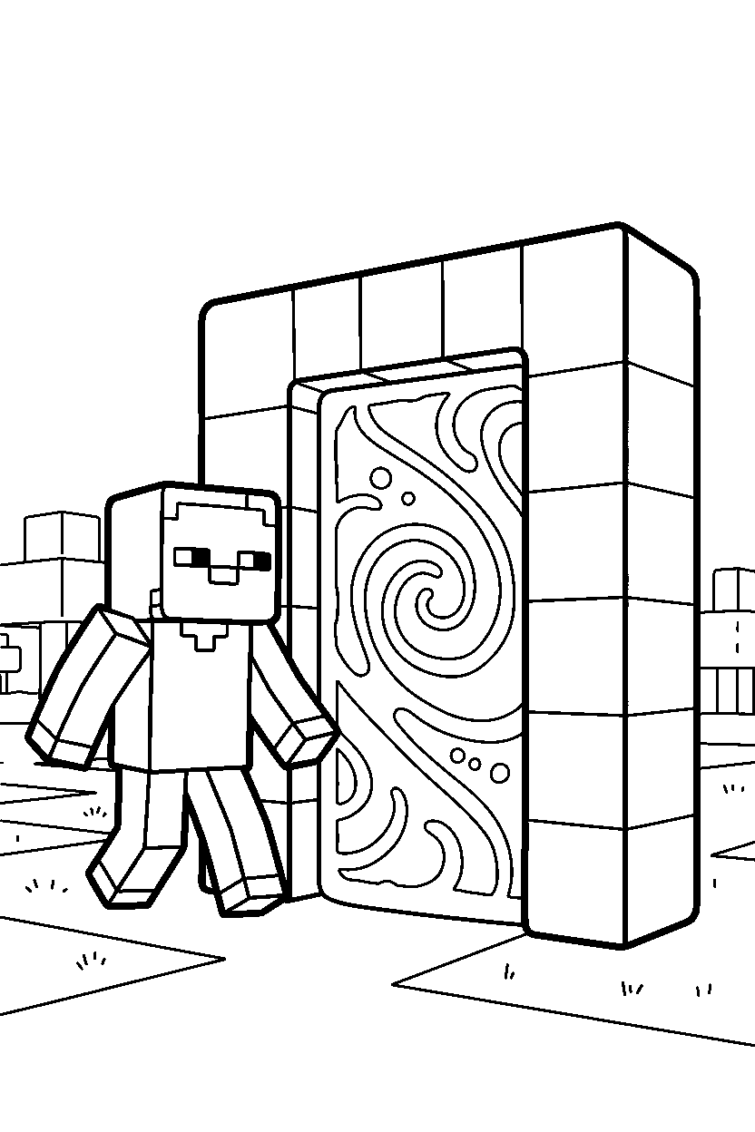 minecraft zombie wandering aimlessly near a nether portal line art