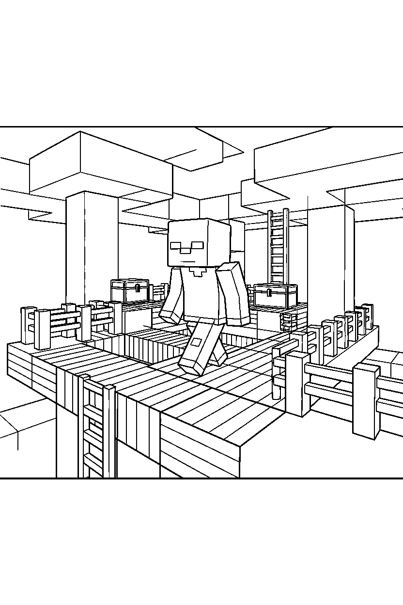 minecraft zombie wandering cautiously in a treehouse base line art