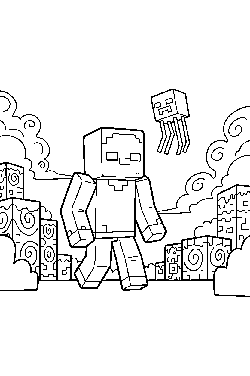 minecraft zombie wandering cautiously in the nether line art