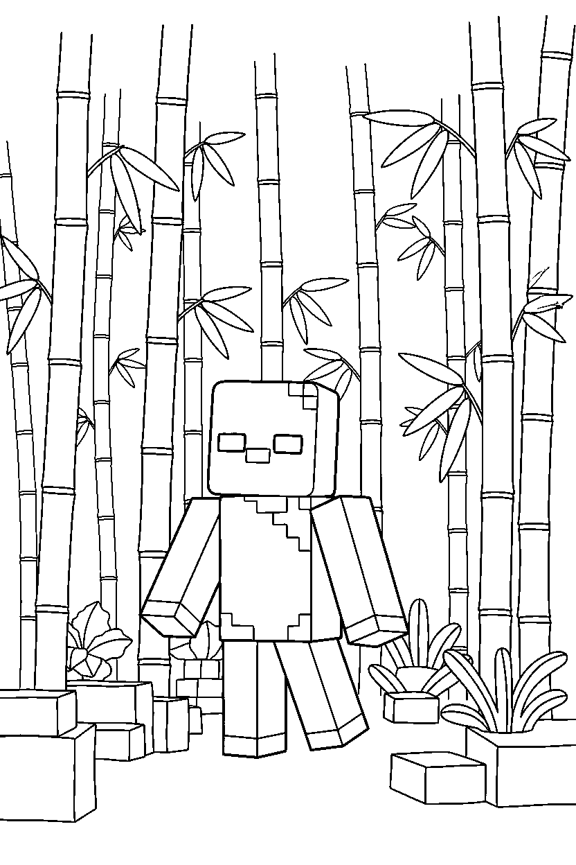 minecraft zombie wandering curiously in a bamboo jungle line art