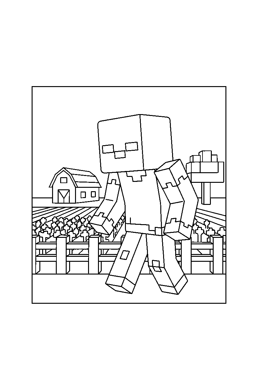 minecraft zombie wandering in silence near a farm field line art