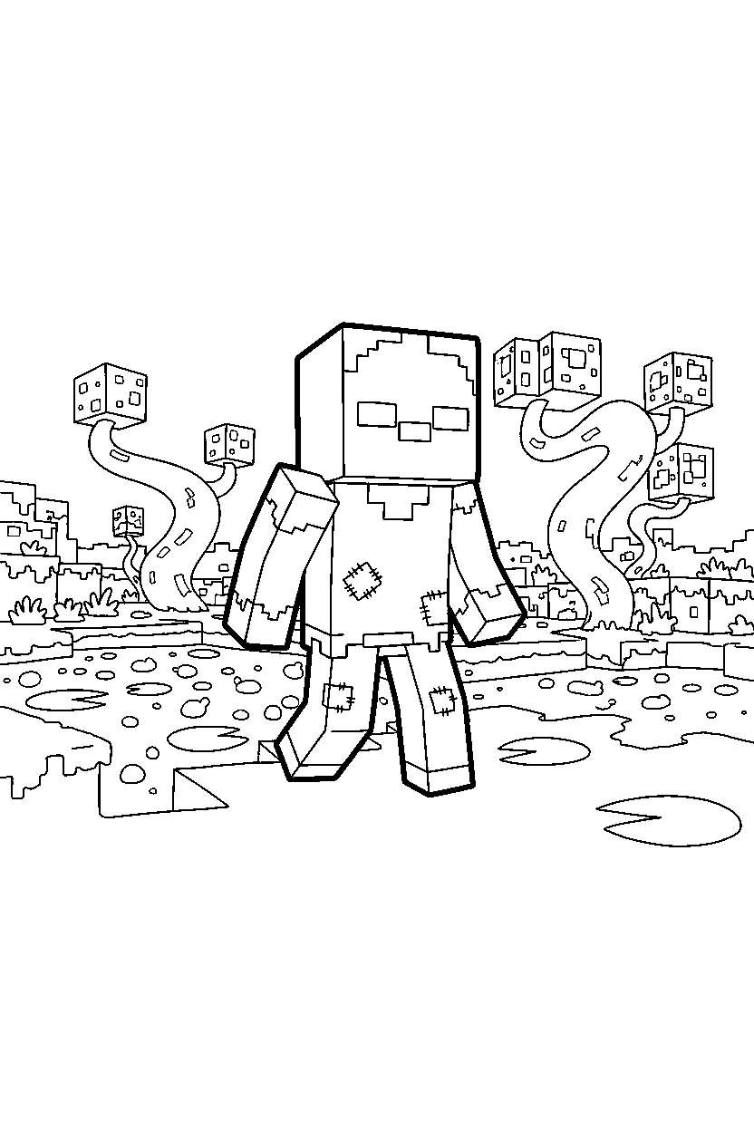 minecraft zombie wandering near a swamp in the nether line art