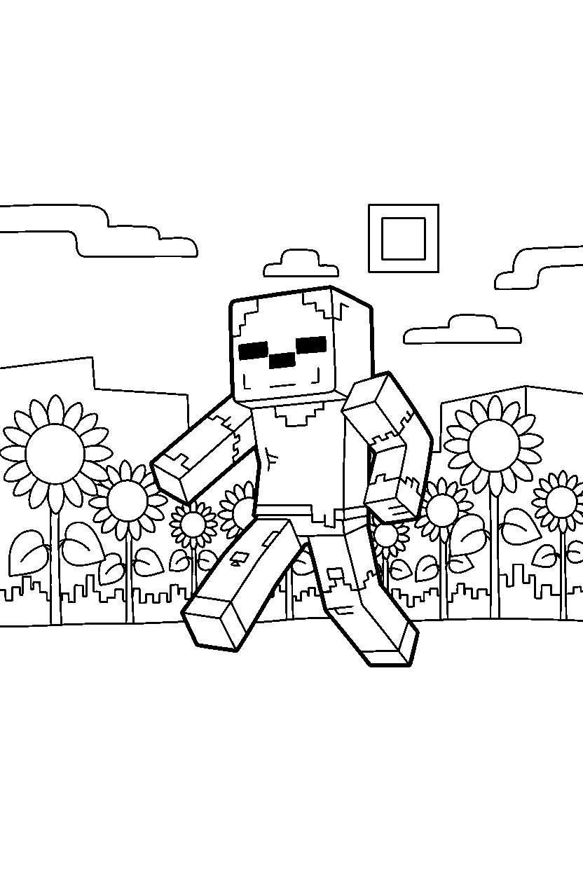 minecraft zombie wandering restlessly in sunflower plains line art