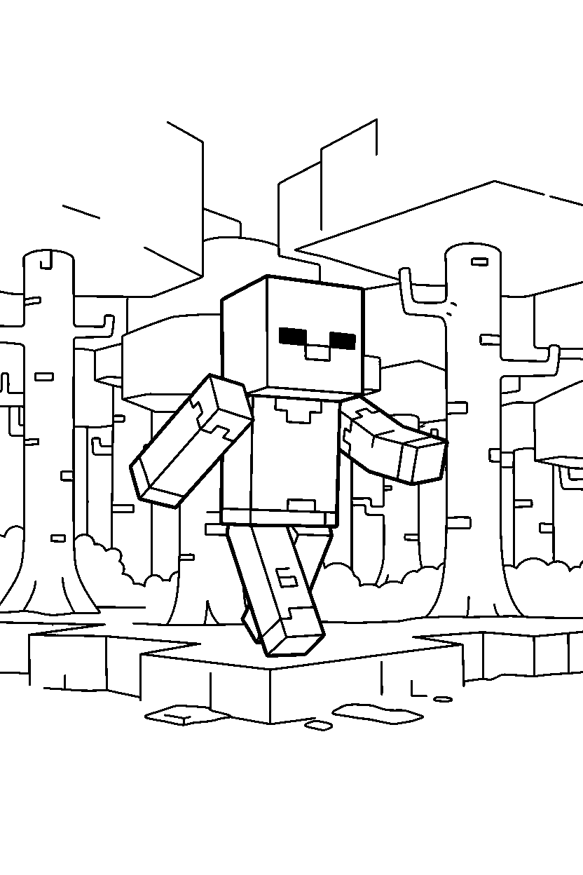 minecraft zombie wandering silently in a dark forest line art