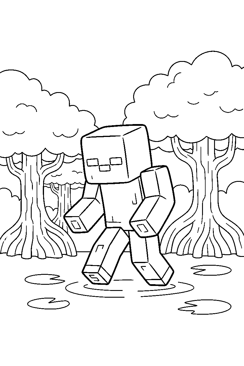 minecraft zombie wandering silently in a mangrove swamp line art