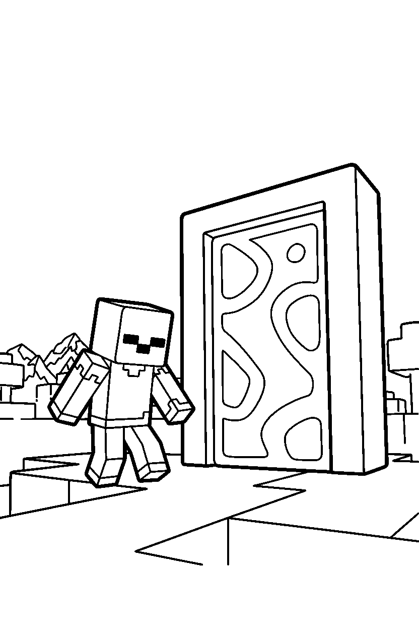 minecraft zombie wandering slowly near a portal line art