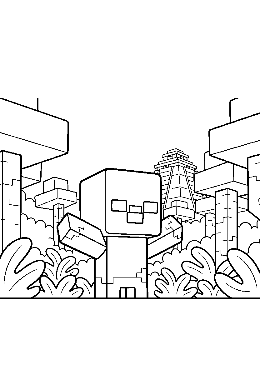 minecraft zombie watching a distant structure in a jungle line art