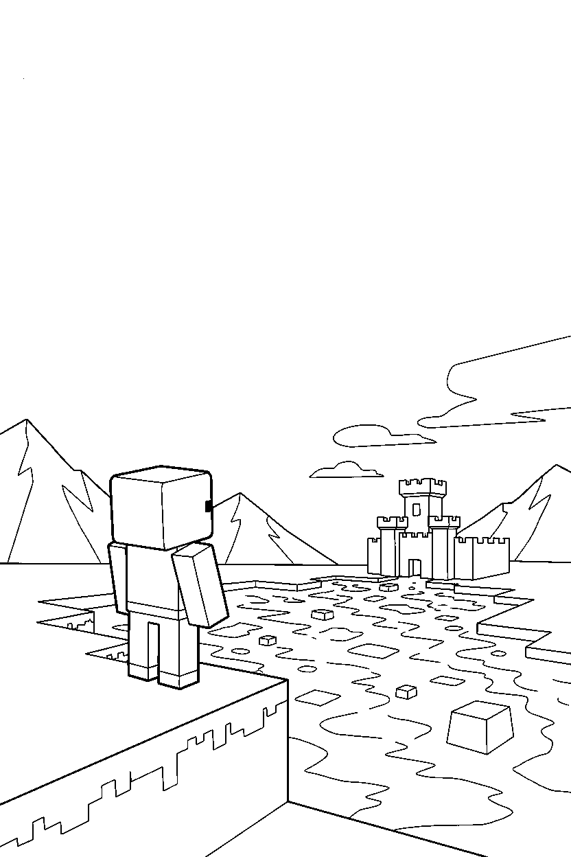 minecraft zombie watching a distant structure near a lava lake line art