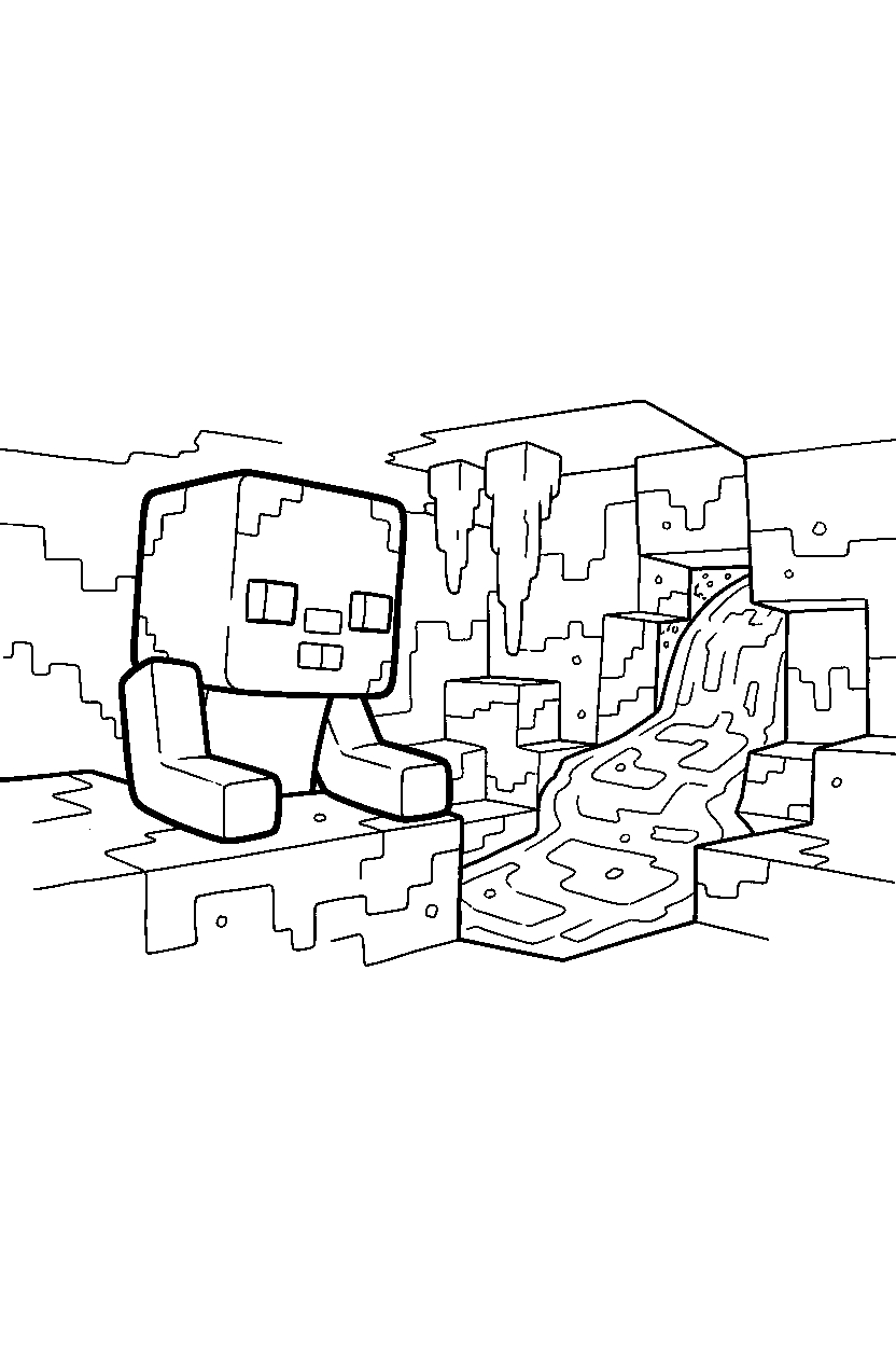 minecraft zombie watching attentively near a lava cave line art