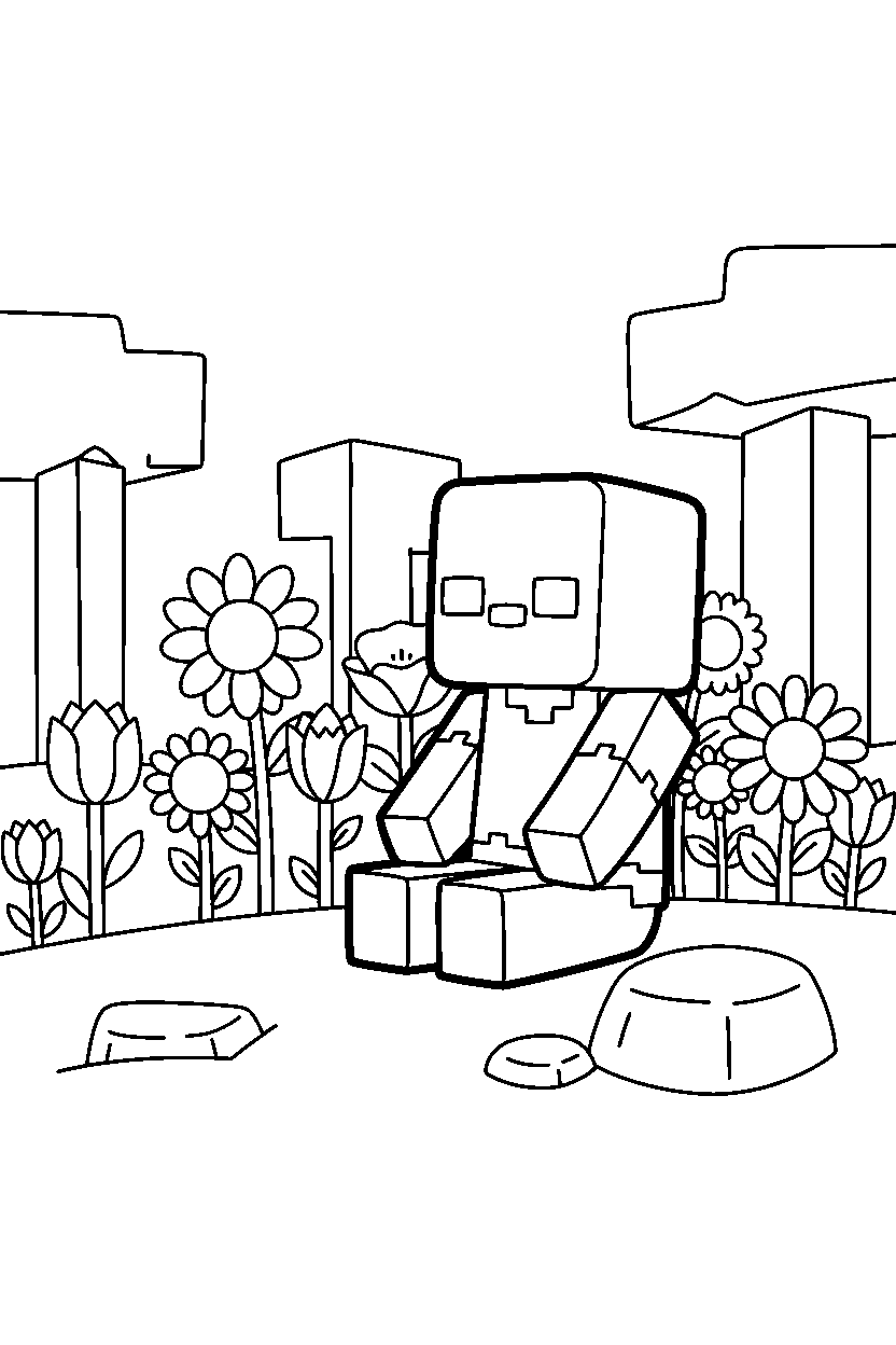 minecraft zombie watching calmly in a flower forest line art