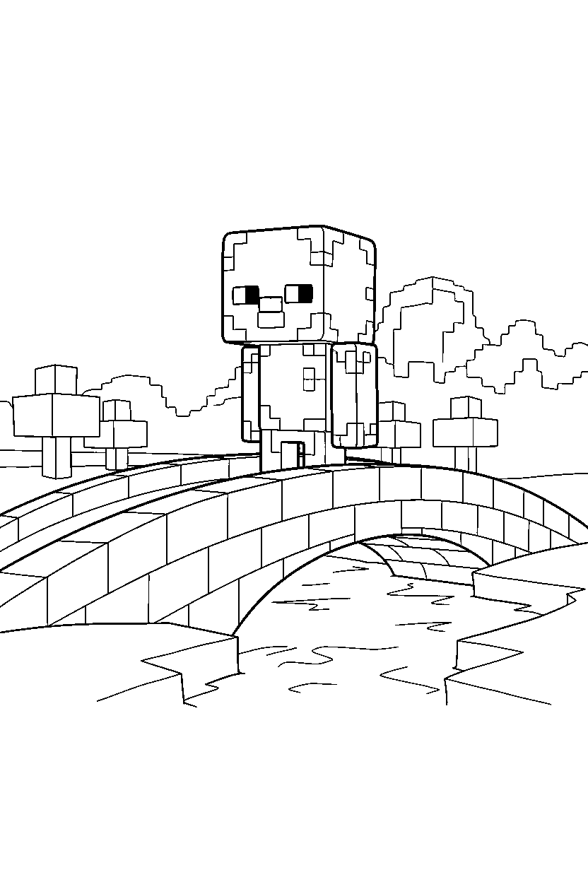 minecraft zombie watching calmly on a bridge line art