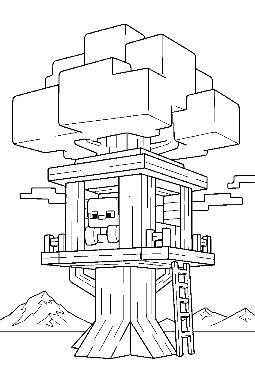 minecraft zombie watching carefully in a treehouse base line art
